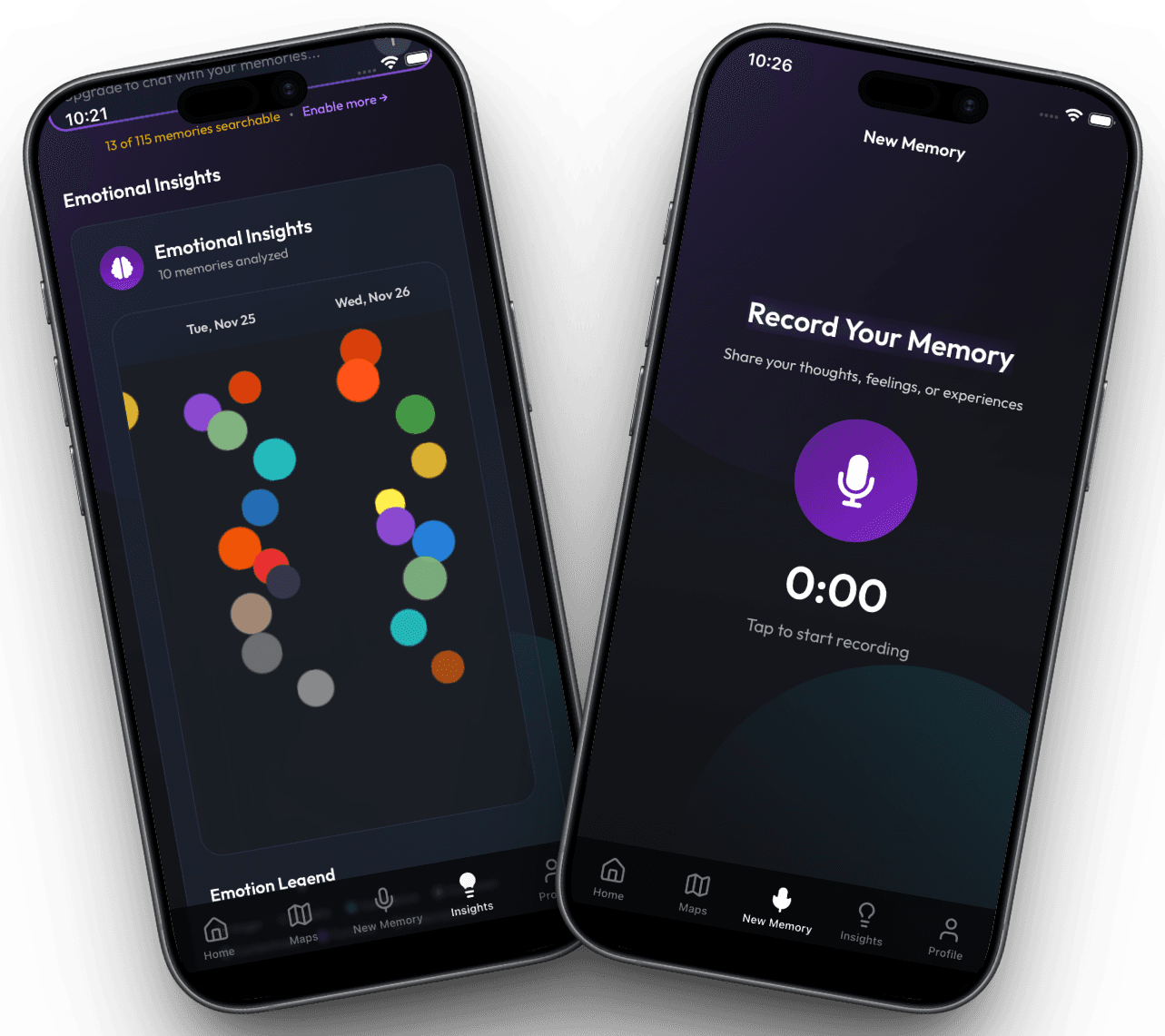Lila app screens showing emotional insights and memory maps